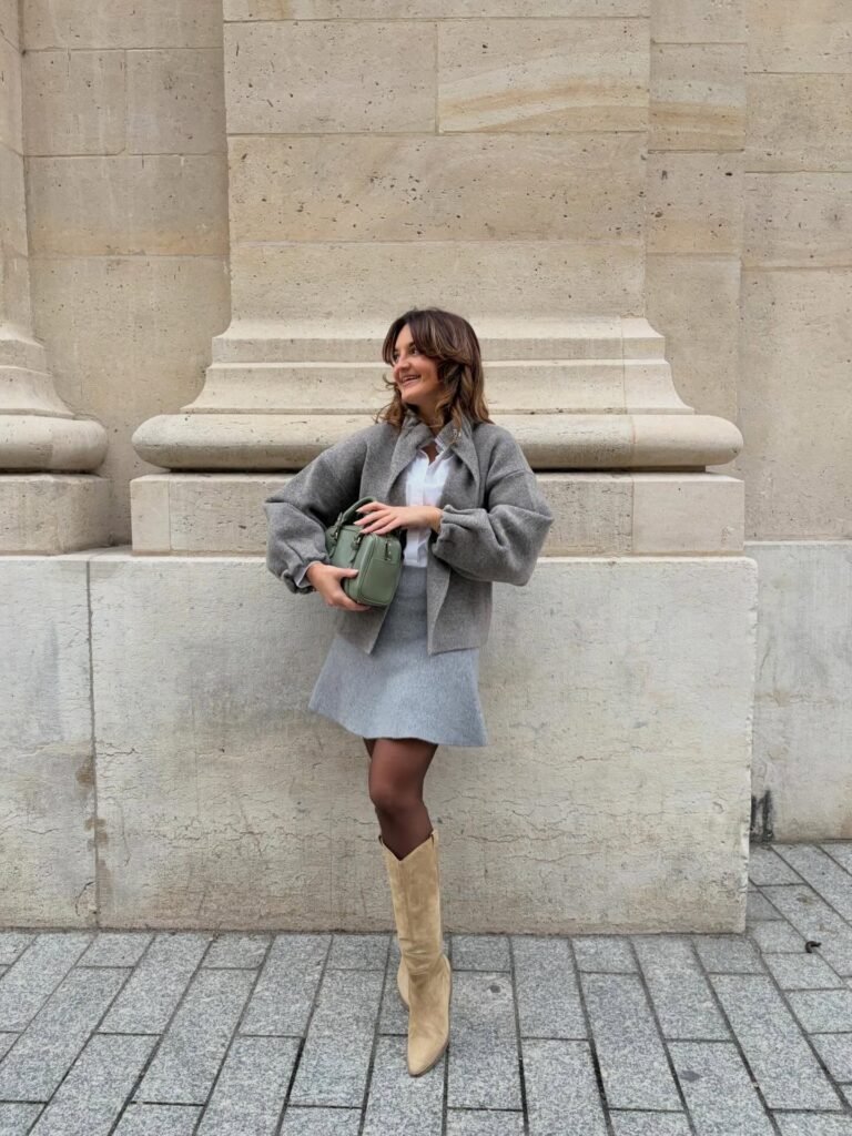 Cropped Grey Wool Jacket With a Matching Mini Skirt