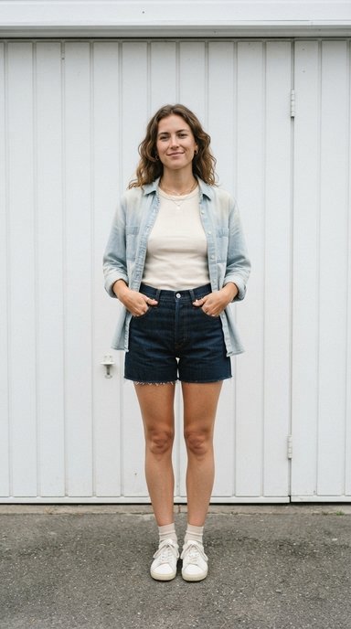 photo of a woman in a pale faded chambray shirt worn over a cream tee with dark indigo high waist denim shorts, showing a clear contrast between the two denim washes, shot straight on at full length, set in front of a plain white garage door, with flat even daylight, cool confident mood, and the difference in fabric weight visible between the shirt and shorts.