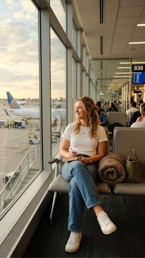 photo of a woman seated in a gate waiting area in relaxed straight leg blue jeans and a white tee, legs crossed comfortably, set beside a large window with a plane visible outside, with warm late afternoon sunlight falling across the seats, easy and unbothered mood, and a rolled knit on the seat beside her.