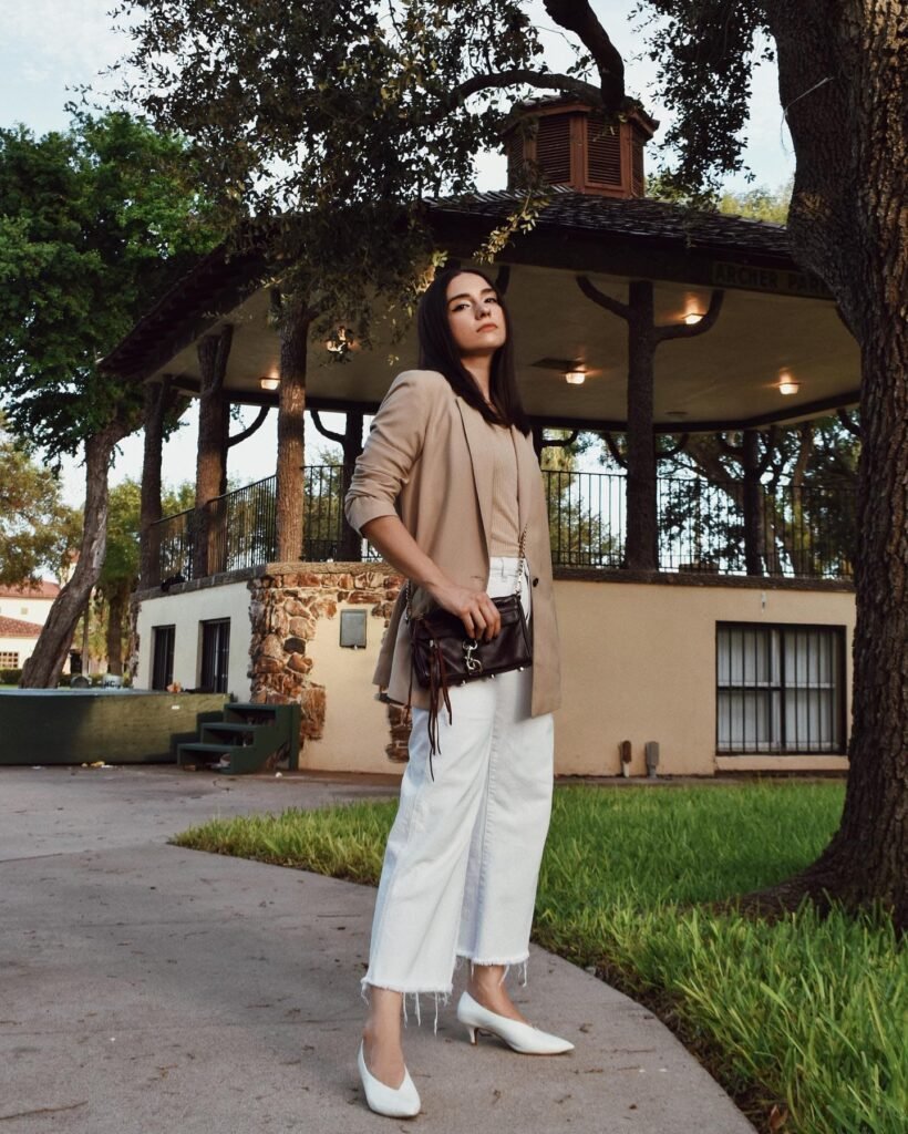 Dress Up Cropped White Jeans With a Beige Blazer