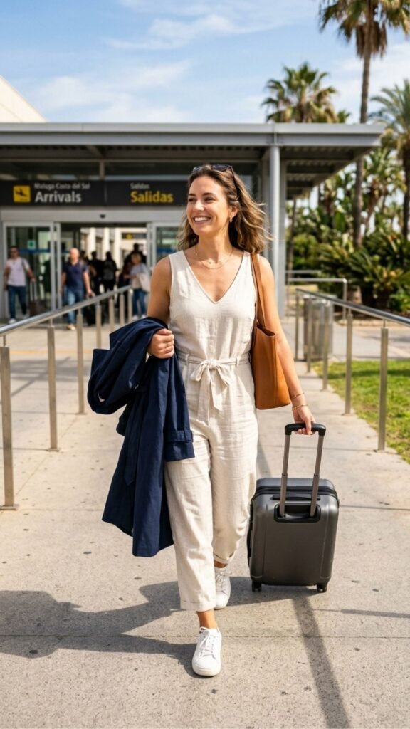 photo of a woman removing her coat and draping it over her arm as she steps out of arrivals into warm sunshine, set at an open airport exit with palm trees just visible, with strong bright natural daylight, arriving and refreshed mood, and a light linen outfit revealed underneath.
