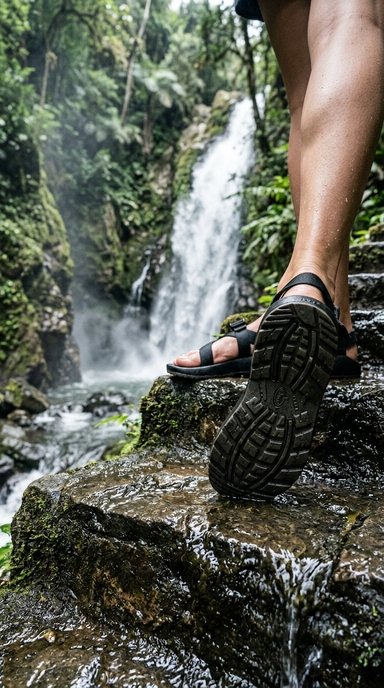 photo of a close crop of feet in grippy sport sandals standing on wet dark stone steps beside falling water, set at the base of a jungle waterfall, with cool shaded light and visible mist in the air, focused and practical mood, and details including water running across the stone and a rubber tread sole clearly visible.