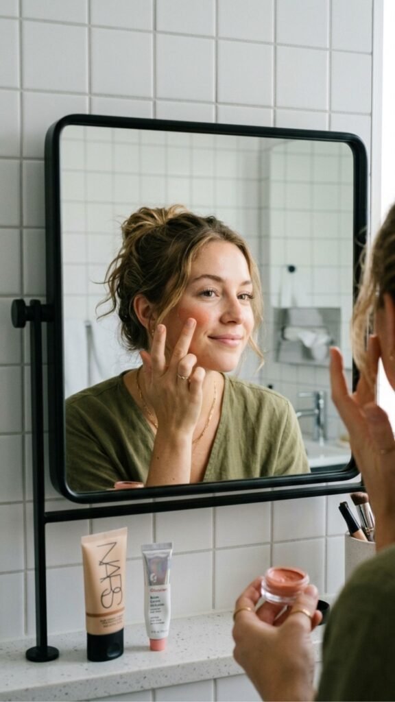 photo of a close up of a woman applying cream blush with her fingertips, seen in a small airport bathroom mirror, set against a clean tiled wall, with soft flattering side lighting, quick and relaxed mood, and a tinted moisturiser tube and lip balm on the counter.