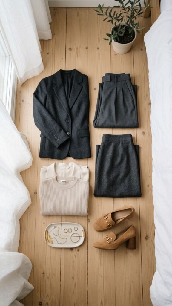 photo of an overhead flat lay of a work capsule wardrobe, a charcoal blazer, high rise trousers, a lined skirt, two neutral tops, and a pair of block heels, laid out neatly on a pale bedroom floor, with soft even natural wi