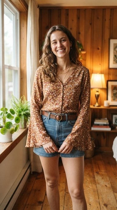  photo of a woman in a small ditsy floral button front top in rust, gold, and cream with long bell sleeves that flare at the wrist, tucked into high waist denim shorts with a brown belt and round buckle, shot from the front at three quarter length, set indoors near a window with wood paneling behind, with warm golden lamp light, nostalgic mood, and the snug upper sleeve visible.