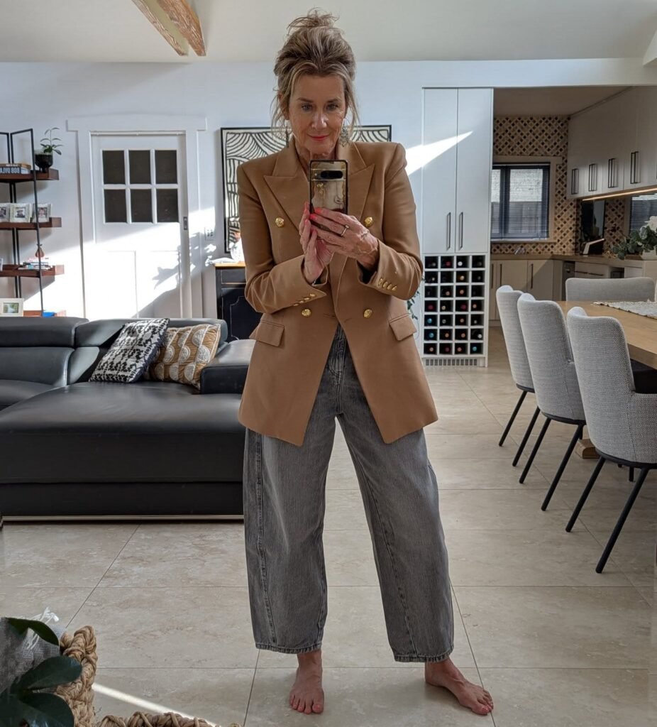 Ground Grey Wide-Leg Jeans With a Camel Blazer