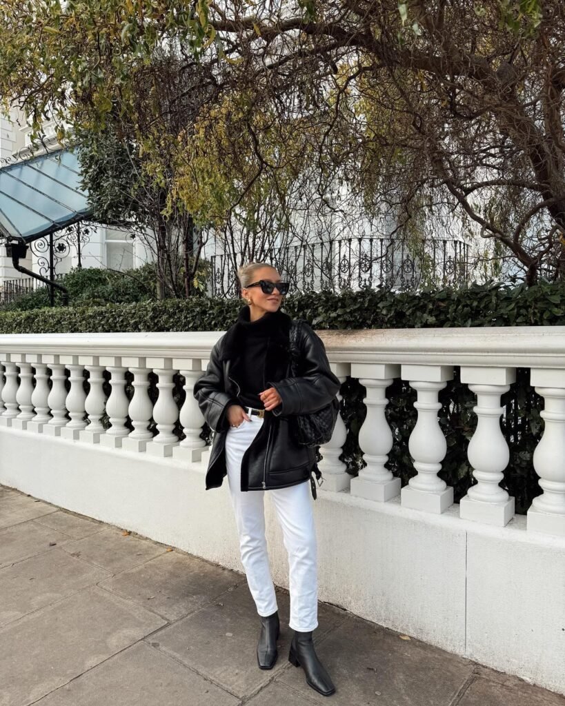 Ground White Jeans With a Black Leather Jacket