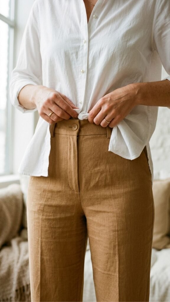 photo of a close up of hands doing a small front tuck of a white shirt into high rise camel trousers, set against a soft neutral background, with clean directional light, practical and instructional mood, and the shirt hanging loose at the sides.