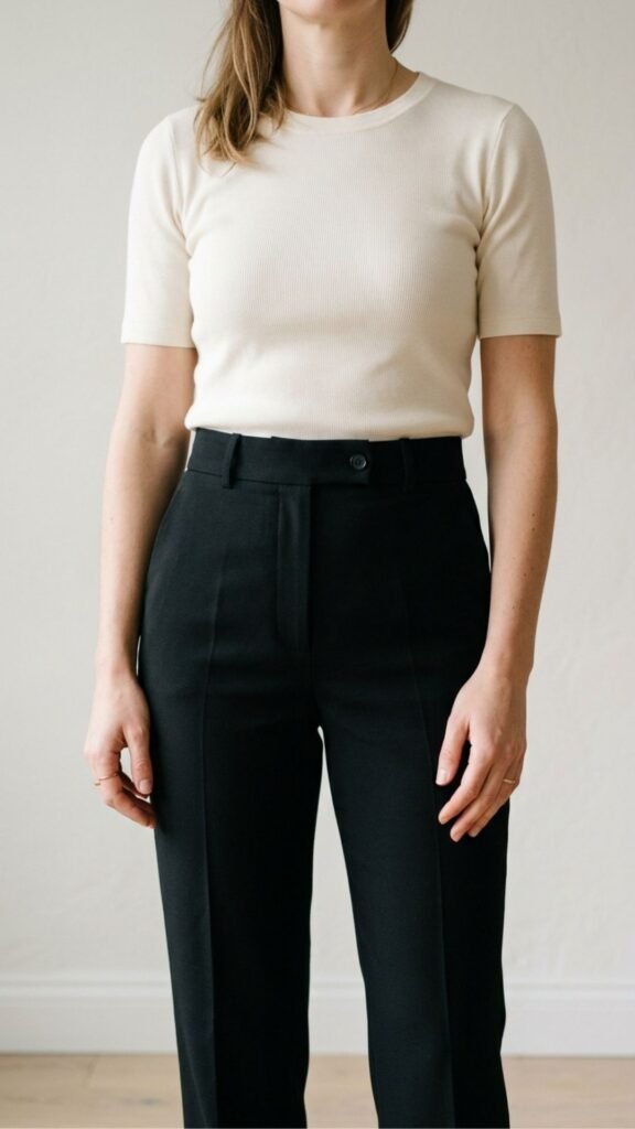 photo of a mid body close up of high rise black trousers with a tucked cream top, showing the clean line at the waist, set against a plain neutral office wall, with soft even natural light, precise and simple mood, and hands relaxed near the waistband.