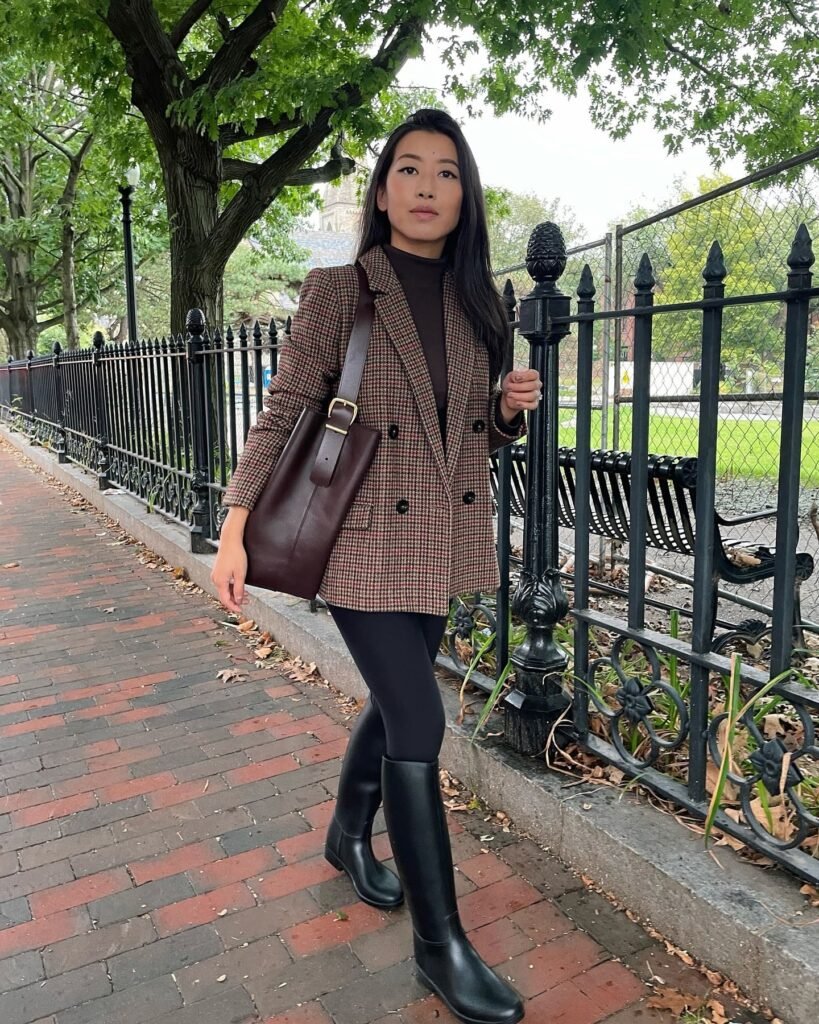 Houndstooth Blazer, Black Tights, and Tall Riding Boots