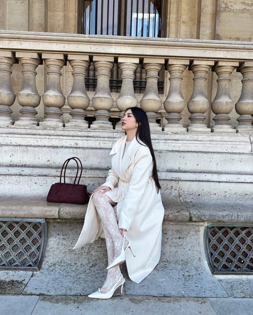 Ivory Wrap Coat With Lace Tights and White Heels_syrineb__