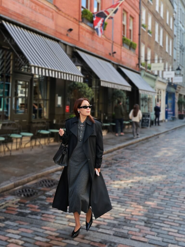 Layer a Black Trench Coat Over a Charcoal Midi Dress