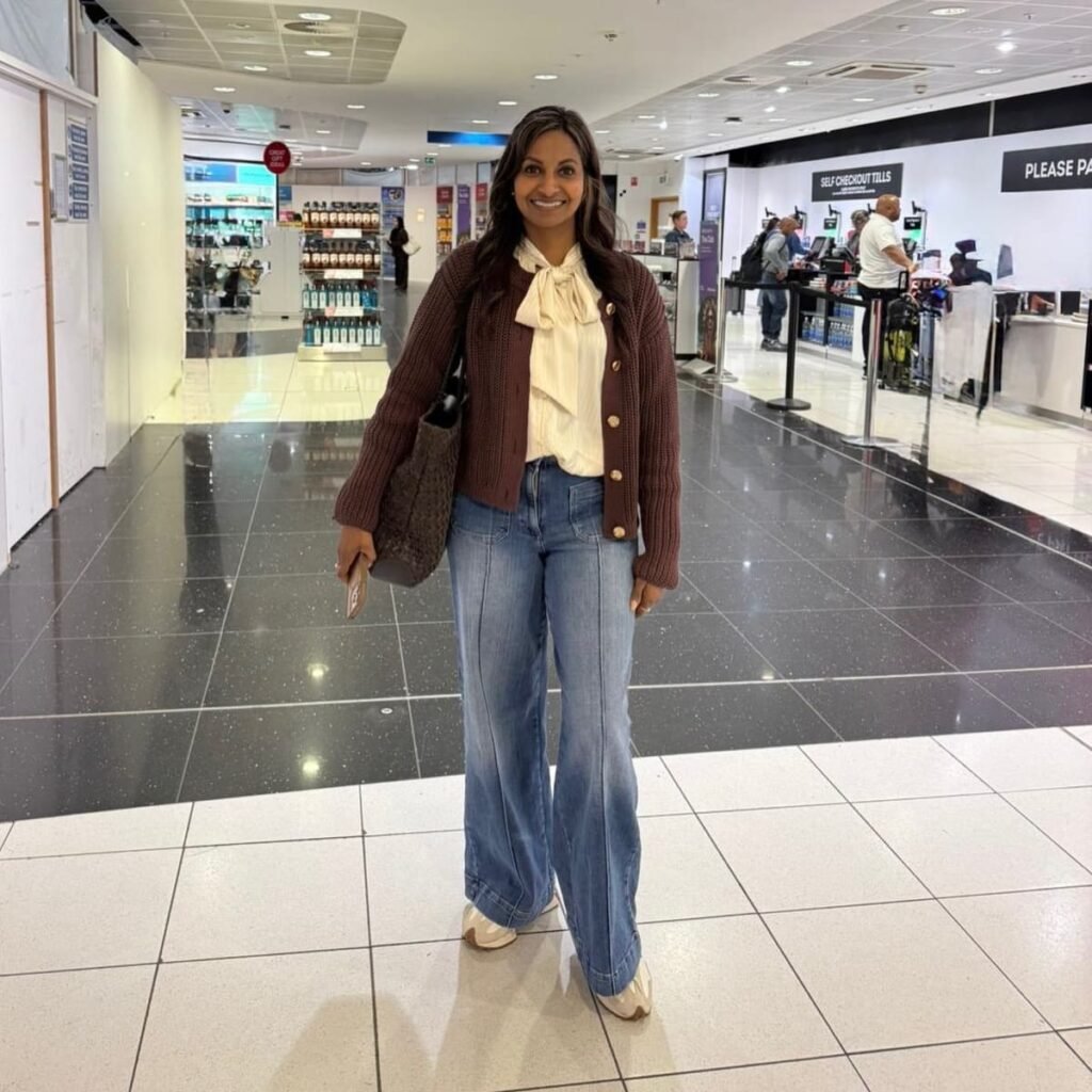 Layer a Brown Cardigan Over a Bow-Neck Blouse