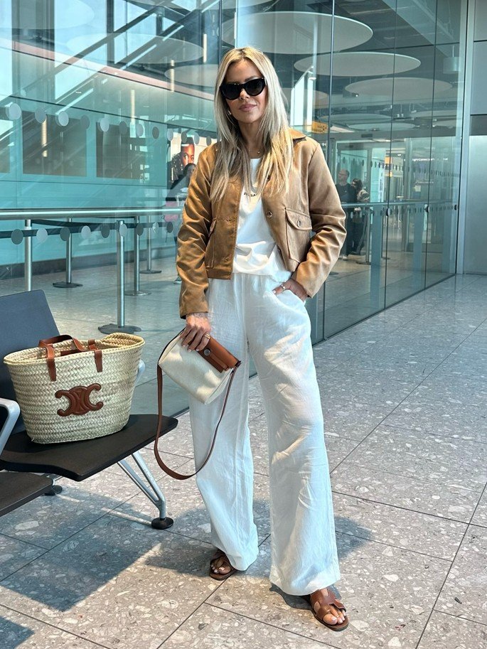 Linen Set With a Tan Suede Jacket