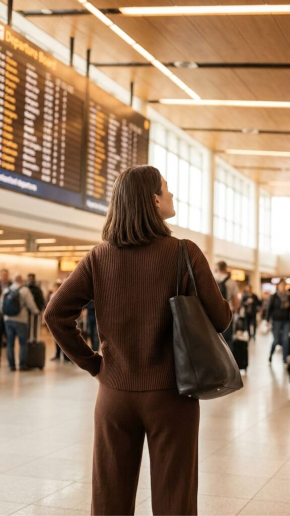 photo of a woman in a ribbed chocolate brown matching knit set standing at a departure board, shot from behind at a slight angle, set in a busy terminal concourse, with warm ambient interior lighting, composed and confident mood, and a leather tote on her shoulder.