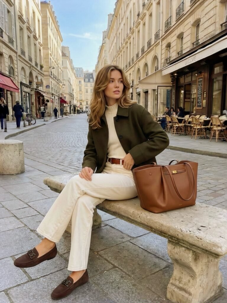 Olive Wool Jacket, Cream Knit, and Ecru Jeans_ootdgal