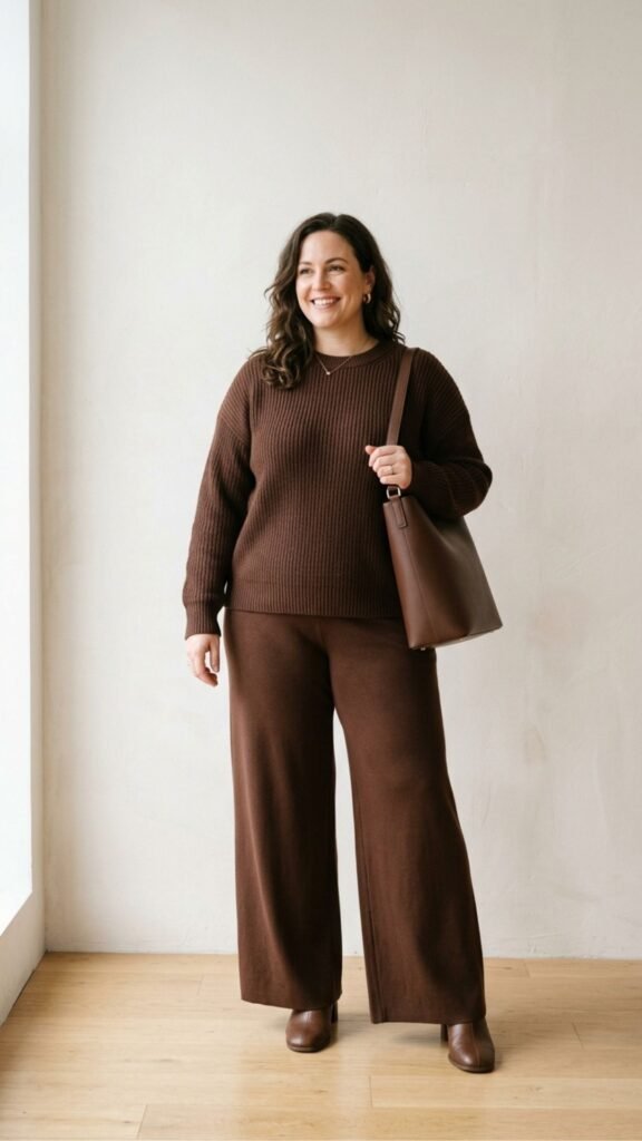 photo of a curvy woman in a full chocolate brown outfit, matching knit and wide trousers, standing full length against a pale plain wall, with soft even studio style daylight, striking and minimal mood, and a single tonal bag on her shoulder.