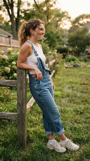 hoto of a woman in mid wash denim overalls with one strap undone and hanging, worn over a fitted white ribbed tank, hems rolled above the ankle with chunky sneakers, shot from the side as she leans against a fence post, set in a grassy backyard, with soft early evening light, easy playful mood, and the loose strap clearly visible. 