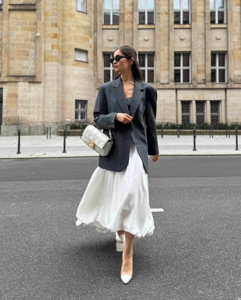 Oversized Grey Blazer Over a White Bubble-Hem Skirt_saradarye