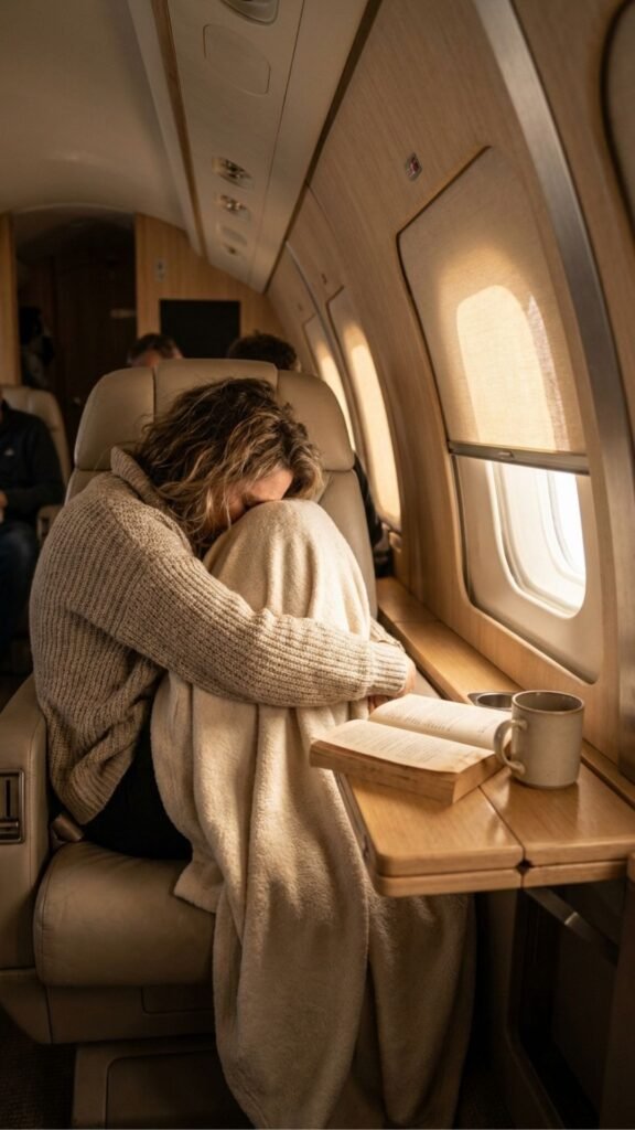 photo of a woman curled sideways in a window seat with a long oatmeal knit pulled over her knees, set in an aircraft cabin with the window shade half open, with soft golden light coming through the window, cosy and sleepy mood, and a paperback resting on the tray table.
