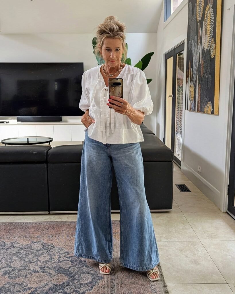 Pair Wide-Leg Jeans With a Soft Puff-Sleeve Blouse