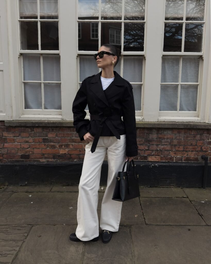 Pair a Cropped Black Trench With Wide-Leg White Jeans