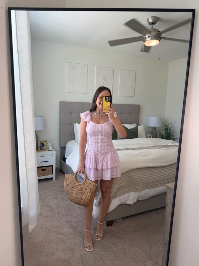 Pink Tiered Mini Dress With a Straw Basket Bag