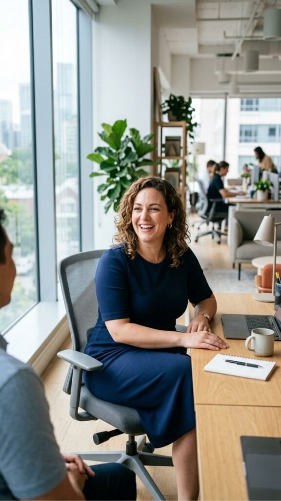 photo of a curvy woman seated at a desk in a structured ponte knit dress, mid conversation, set in a bright open plan office, with cool natural window light, easy and unfussy mood, and the fabric falling smoothly with no creasing across the lap.