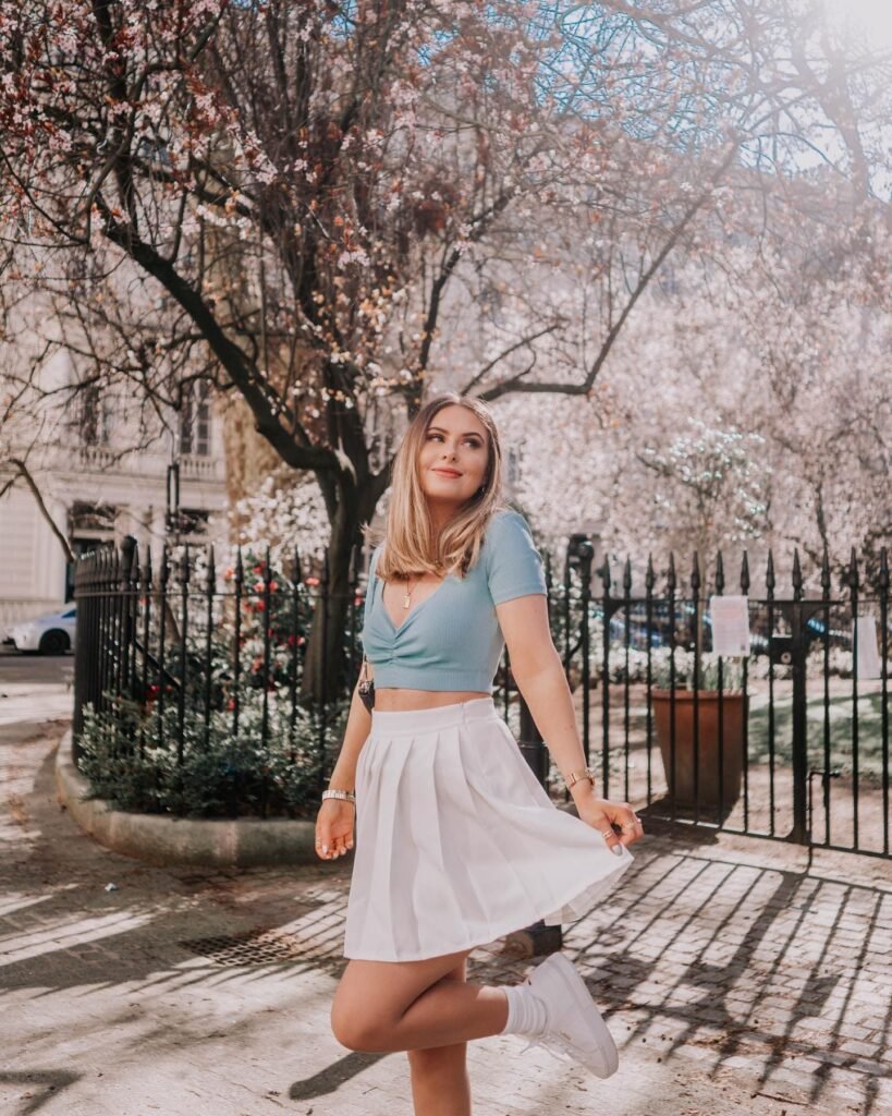 Ruched Blue Crop Top With a White Pleated Mini