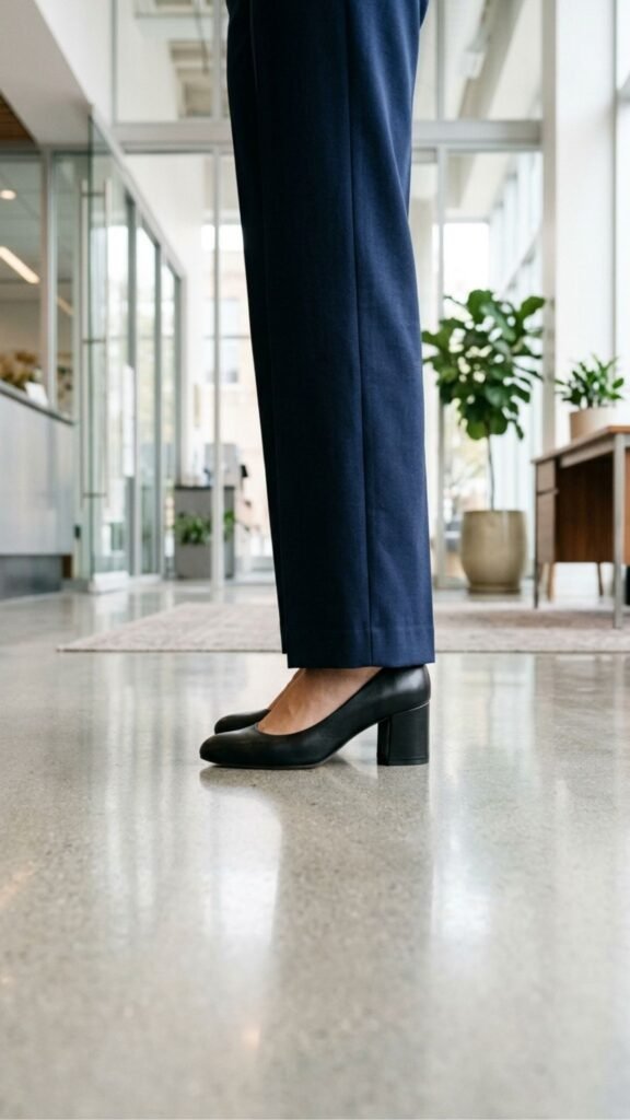 photo of a low angle shot of black block heels under wide leg navy trousers, hem just clearing the polished floor, set in a bright office entrance, with soft reflected light from the floor, sharp and considered mood, and clean lines running down the leg.