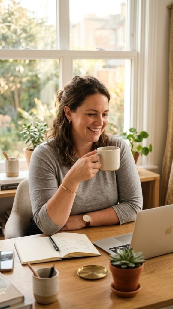 photo of a curvy woman in a soft three quarter sleeve top holding a coffee cup, wrists and forearms visible, set at a bright desk beside a window, with warm morning light, relaxed and natural mood, and a slim watch on one wrist.