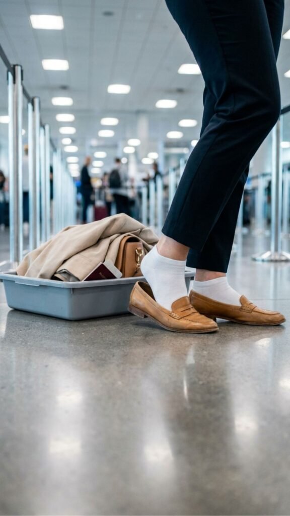 photo of a low angle close up of tan leather slip on loafers being stepped out of beside a grey security tray, set on the polished floor of an airport security line, with cool overhead lighting, practical and efficient mood, and neat white socks and a folded jacket in the tray.