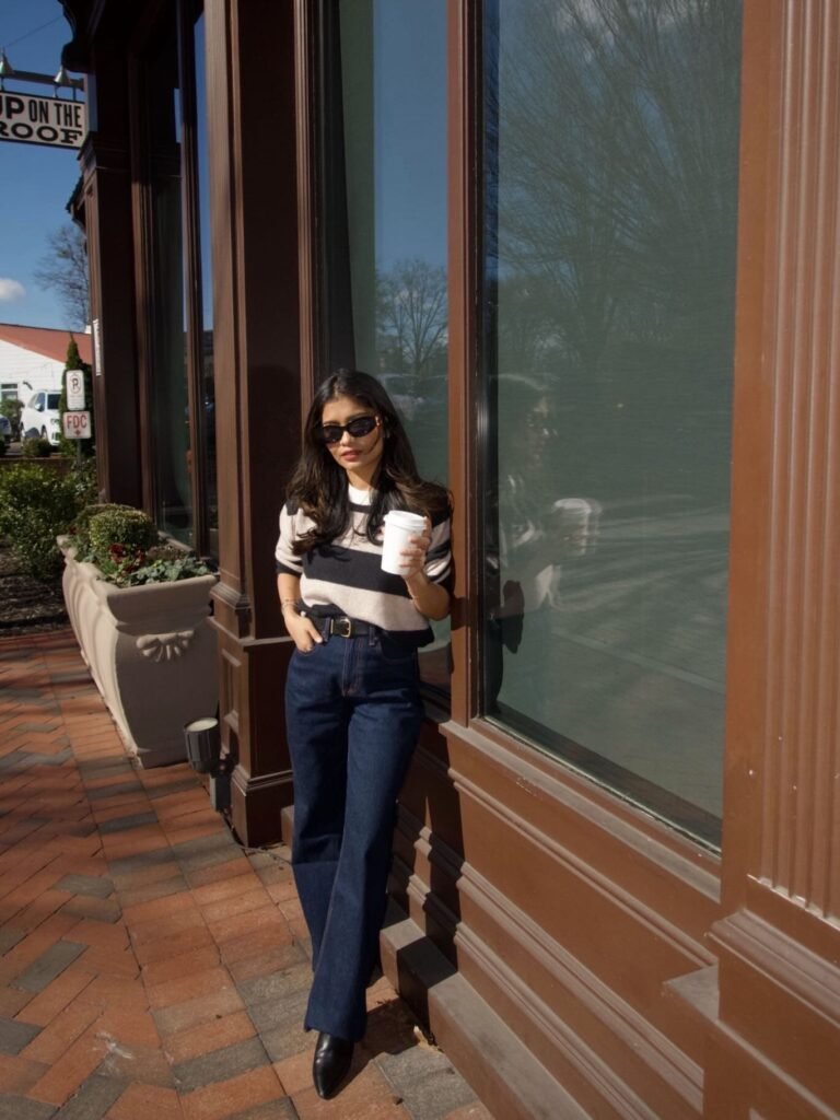 Striped Knit Tucked Into Dark Wide-Leg Jeans