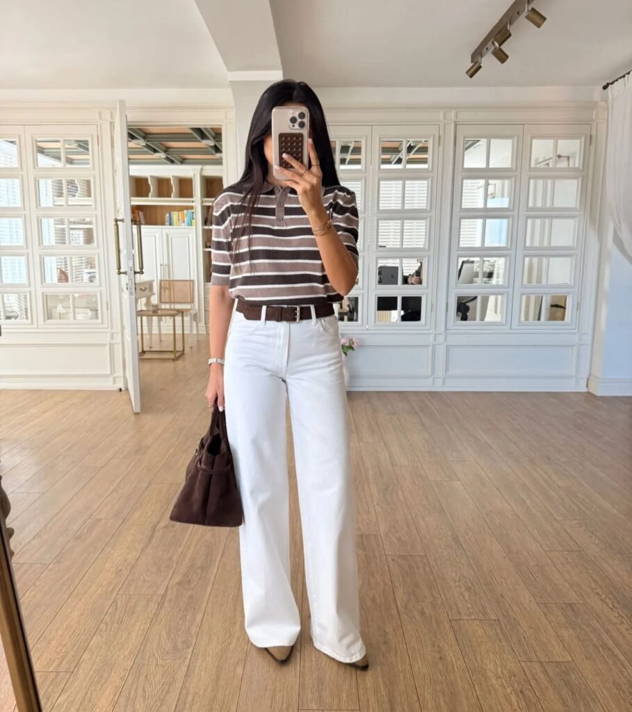 Style White Wide-Leg Jeans With a Brown Striped Polo