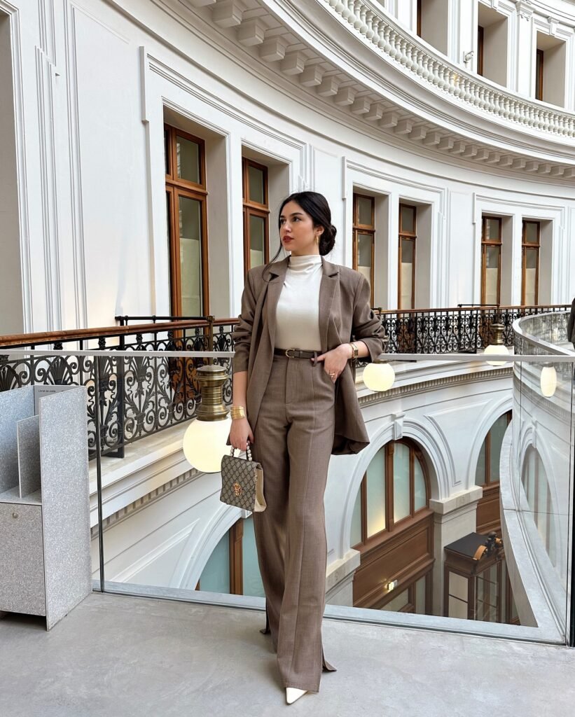 Taupe Trouser Suit With a Cream Turtleneck_syrineb