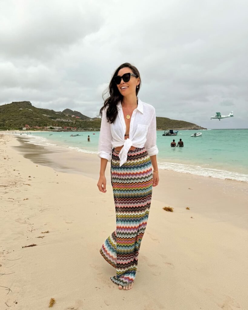 Tie a White Shirt Over a Bikini and Colourful Maxi Skirt