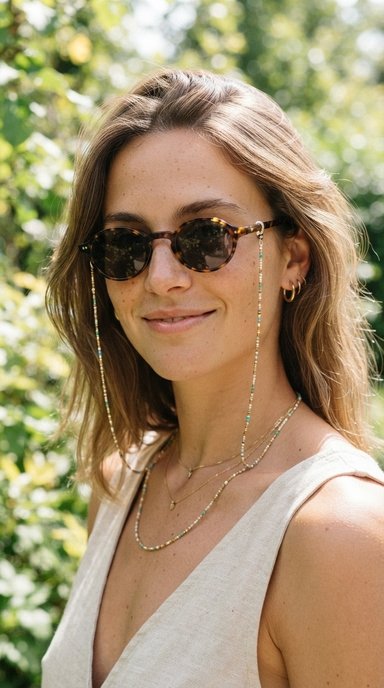 hoto of a woman from the shoulders up wearing small round tortoise sunglasses attached to a thin beaded chain that hangs down toward her collarbone, layered with one delicate necklace, shot close and slightly above eye level, set outdoors with blurred green foliage behind, with bright dappled sunlight, confident mood, and clear detail on the chain beads. 