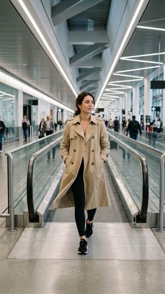 photo of a full length shot of a woman in a long beige trench coat over black leggings walking down a moving walkway, set in a long bright terminal corridor with leading lines, with cool even overhead lighting, purposeful and elegant mood, and hands in the trench pockets.