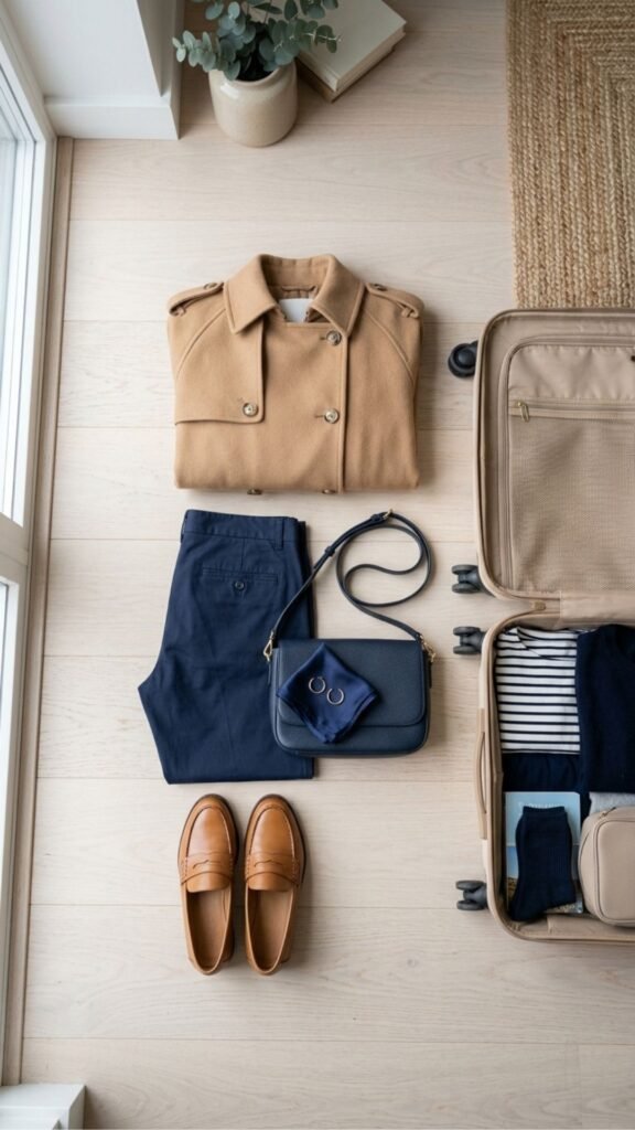 photo of an overhead flat lay of a navy and camel outfit laid out piece by piece, including a camel coat, navy trousers, a navy bag and camel loafers, set on a pale bedroom floor beside an open suitcase, with soft even natural light from a window, organised and intentional mood, and small gold earrings placed on top.