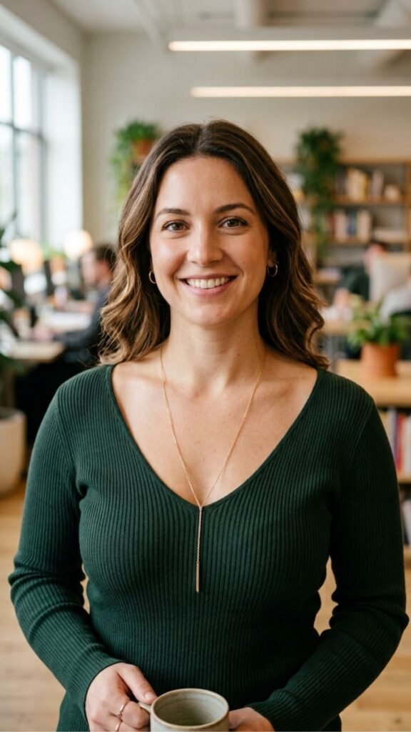 photo of a head and shoulders portrait of a curvy woman in a deep V neck knit top, collarbone visible, set against a softly blurred office background, with flattering diffused daylight, warm and approachable mood, and a long thin necklace running vertically.