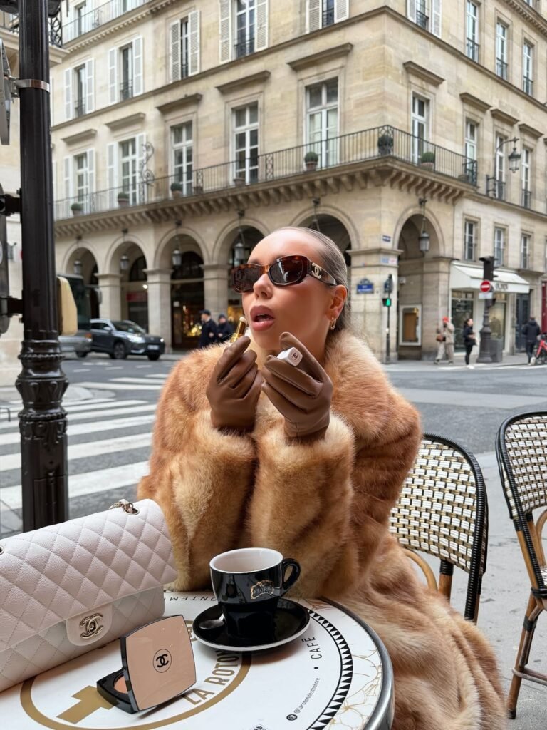 Vintage Fur Coat With Brown Leather Gloves
