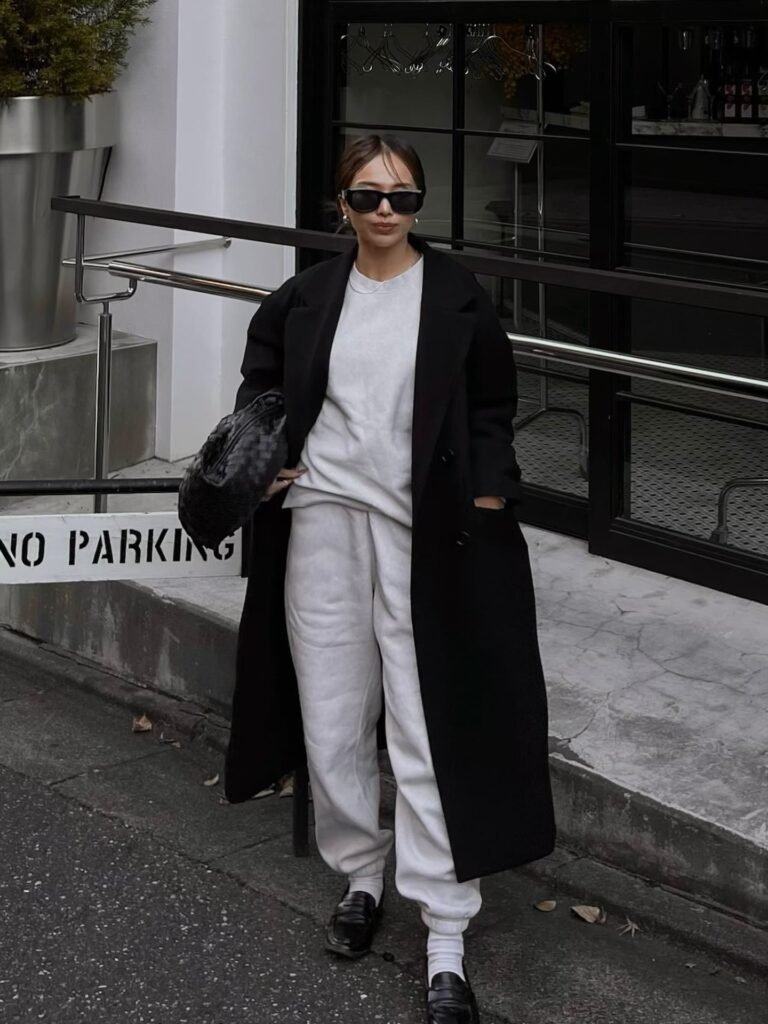 Wear a Black Trench Coat Over a Grey Lounge Set