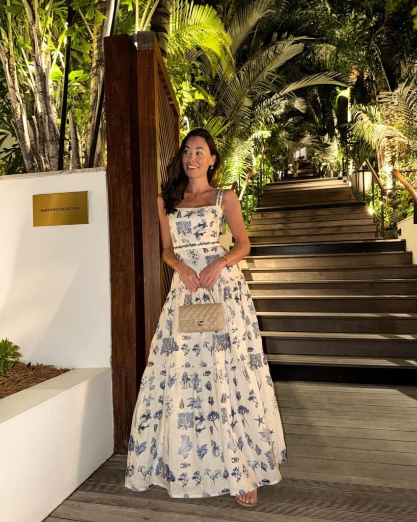 Wear a Blue-and-White Printed Maxi Dress for a Resort Dinner