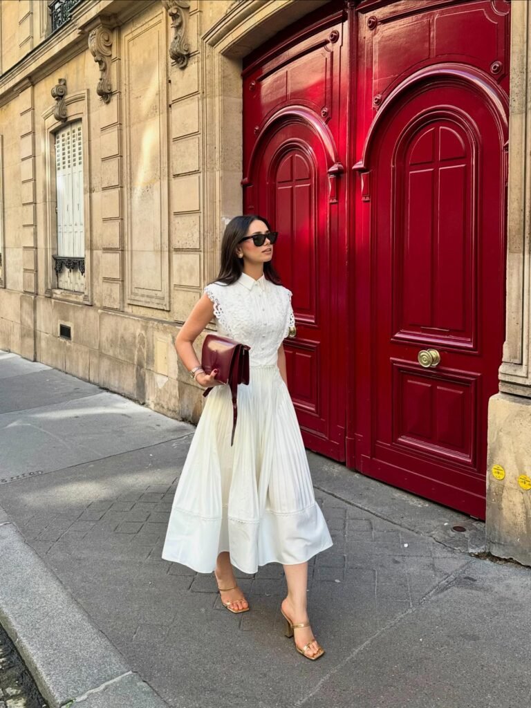 White Pleated Midi Dress With Gold Sandals