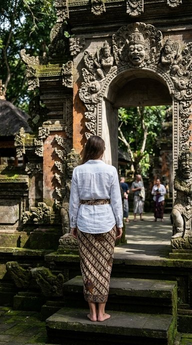 a woman in a long sleeve white shirt and a patterned sarong tied at the waist standing at the base of a carved stone temple gate, set at a Balinese temple courtyard with moss on the stone, with clear midday sun and strong sculptural shadows on the carvings, respectful and quiet mood, and details including a sash knotted at the waist and bare shoulders covered by the shirt.