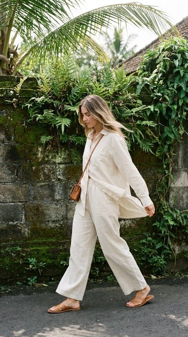 a woman in a cream linen shirt and matching wide leg linen trousers walking past a stone wall draped in tropical greenery, set on a quiet village lane in Bali, with soft late morning light and gentle shade from palm leaves, calm and unhurried mood, and details including flat tan leather slides, a small zipped crossbody bag, and loose fabric moving in a breeze.