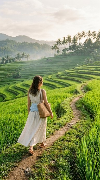 a woman in a long linen maxi dress walking a path between bright green rice terraces, set in the hills inland with palm trees on the ridge line, with soft early morning light and a light haze over the fields, peaceful and open mood, and details including a woven bag on her shoulder and a light shirt tied at her waist.
