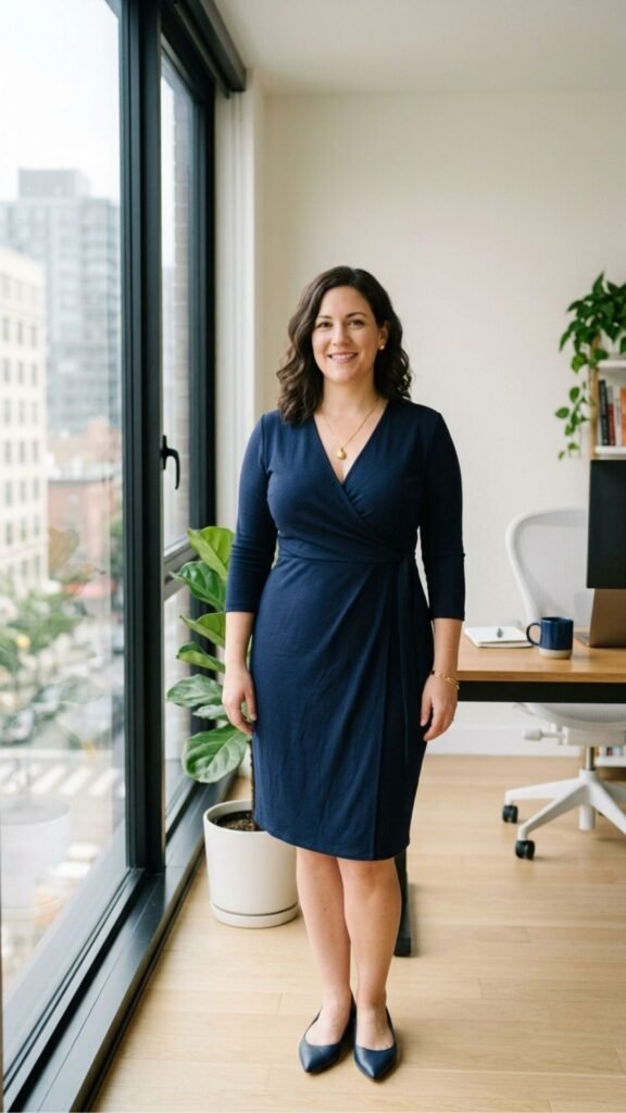 photo of a curvy woman in a navy wrap dress standing beside a bright office window, hands resting easily at her sides, set in a modern workspace with pale walls, with soft diffused daylight, calm and confident mood, and a fine gold pendant catching the light.