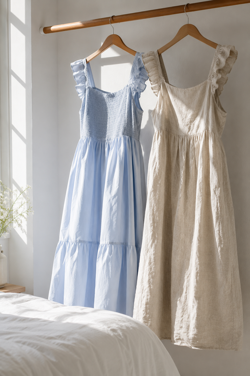 photo of two summer dresses hanging side by side on a wooden rail, one crisp pale blue cotton poplin and one creased natural linen, set against a plain white wall in a sunlit bedroom, with hard directional morning light raking across the fabric to show texture, quiet and instructional mood, and details including visible poplin crispness against linen wrinkles and a wooden hanger.