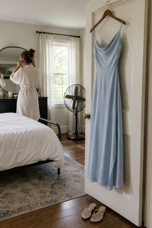 hoto of a pale blue dress hanging on a bedroom door while a woman in a robe finishes her hair at a mirror, set in a cool shaded bedroom with a fan visible and shoes waiting by the door, with soft indirect morning light, calm and prepared mood, and details including the untouched dress on its hanger and sandals placed neatly on the floor. 